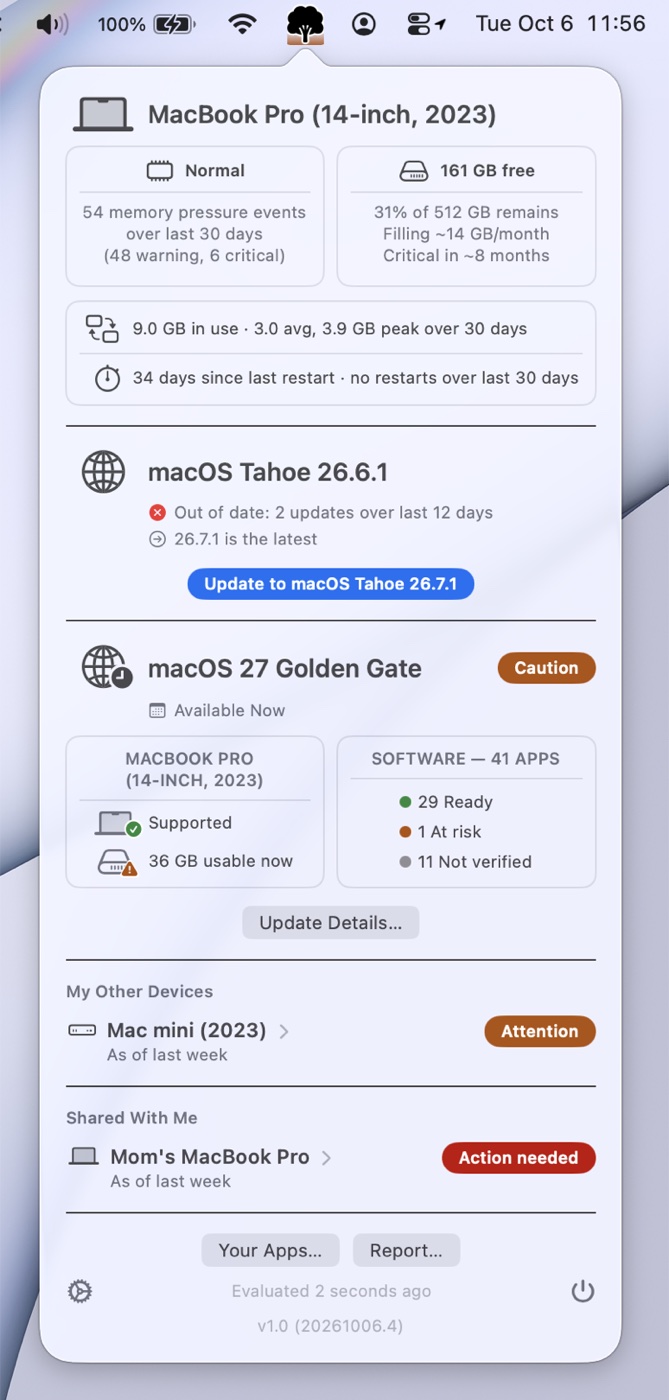 Orchard's menu bar popover showing a Caution verdict for macOS 27